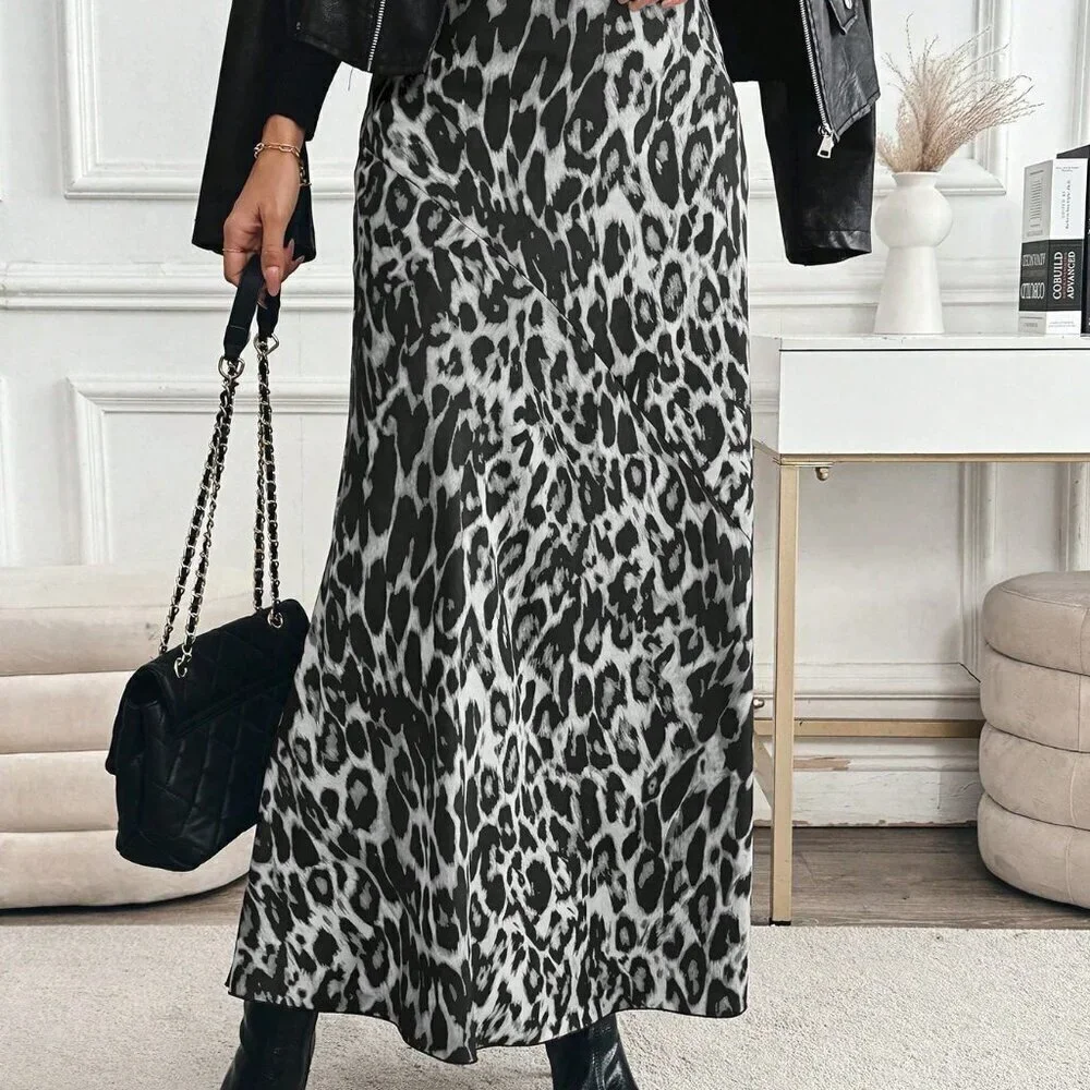 Multicolor Elegant Women's High Waist Leopard Print Maxi Length Skirt